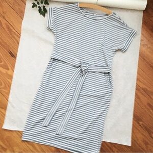 LP Gray White Horizontal Stripes Casual Knee Length Knit Dress Belted